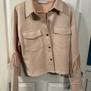 JustFab Women's Beige Fringe Utility Jacket
